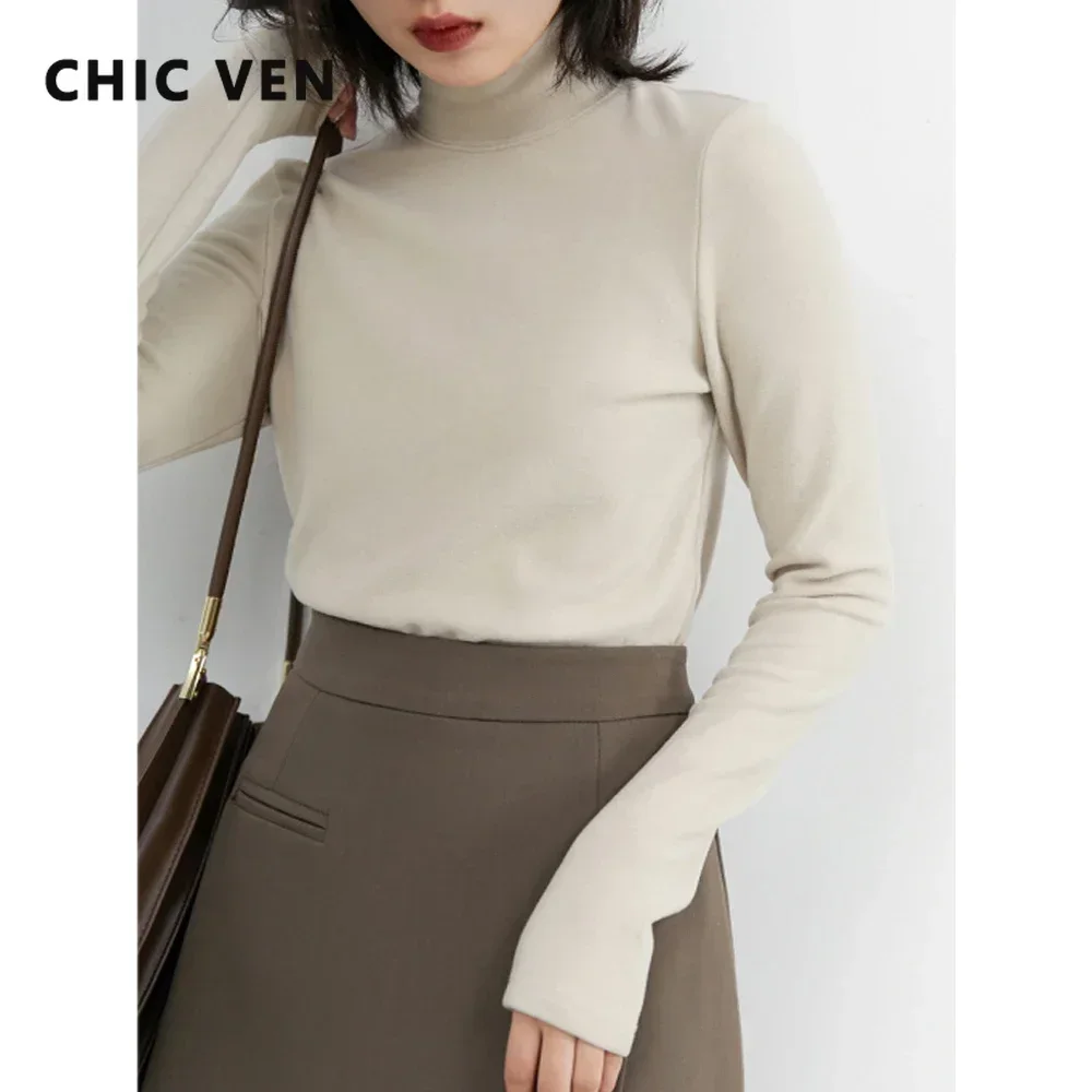 CHIC VEN Women's Sweatshirts Turtleneck Pullovers Casual Solid Dralon Warm Bottom Blouse Office Lady Tops Autumn Winter 2022