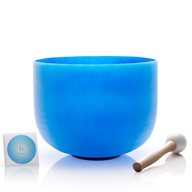 

432Hz Perfect Pitch G Note Throat Chakra Blue Colored Frosted Quartz Crystal Singing Bowl 10 inch Mallet & O-ring Included