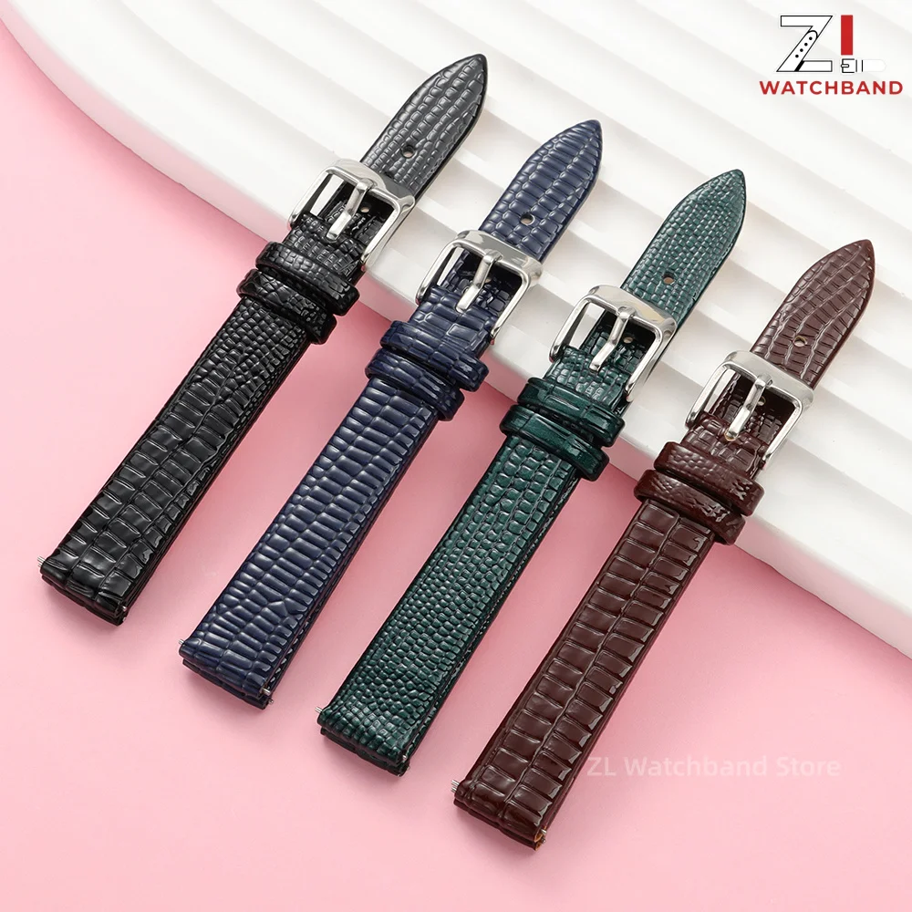 Ultra-thin Leather Watch Strap 10mm 12mm 14mm 16mm Universal Replacement Watchband Lizard Patterned Bracelet for Women Slim Band