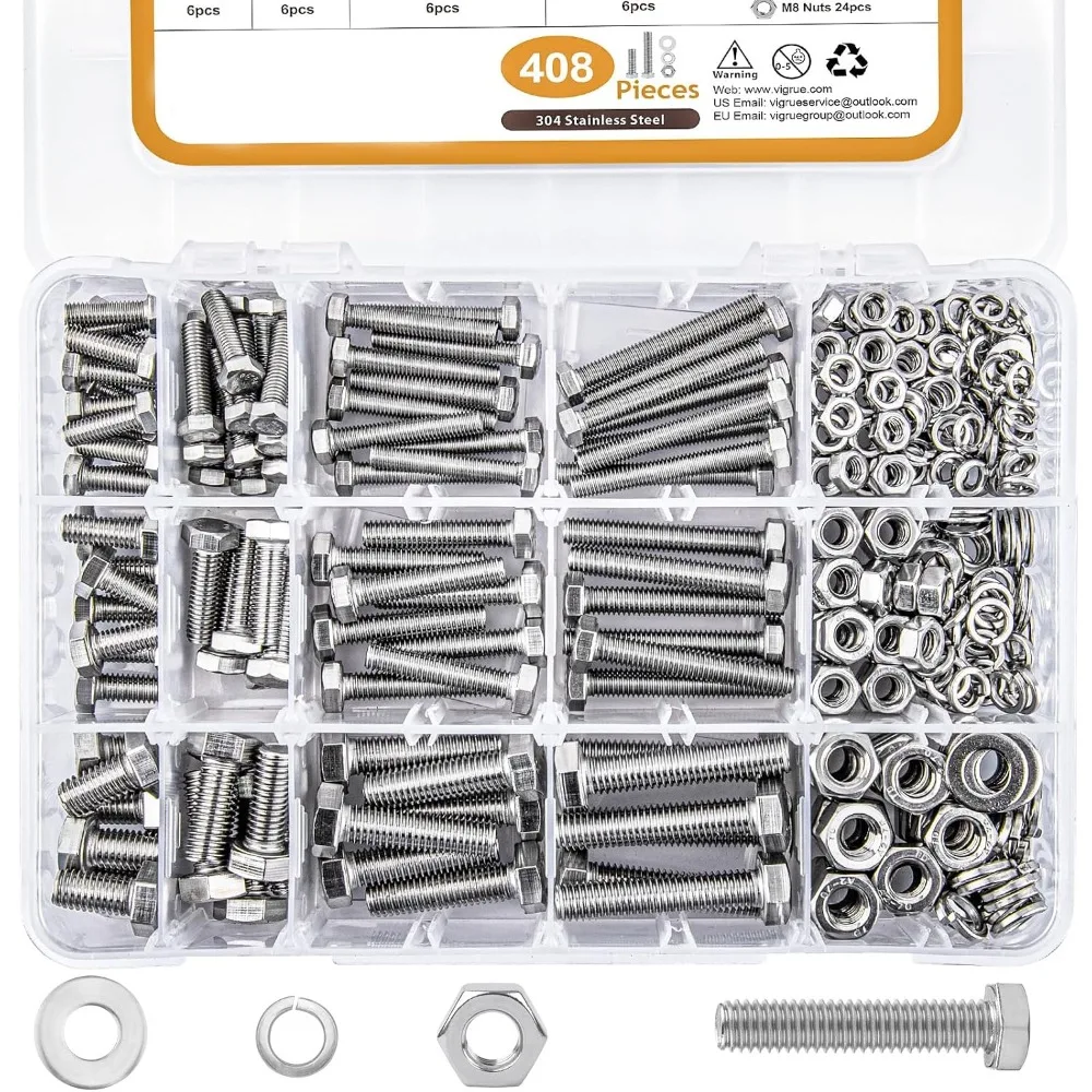 408Pcs Boxed 304 Stainless Steel Hex Bolts Nuts Flat & Spring Washers Kit M5 M6 M8 For Home Car Repair DIY Workshop Projects