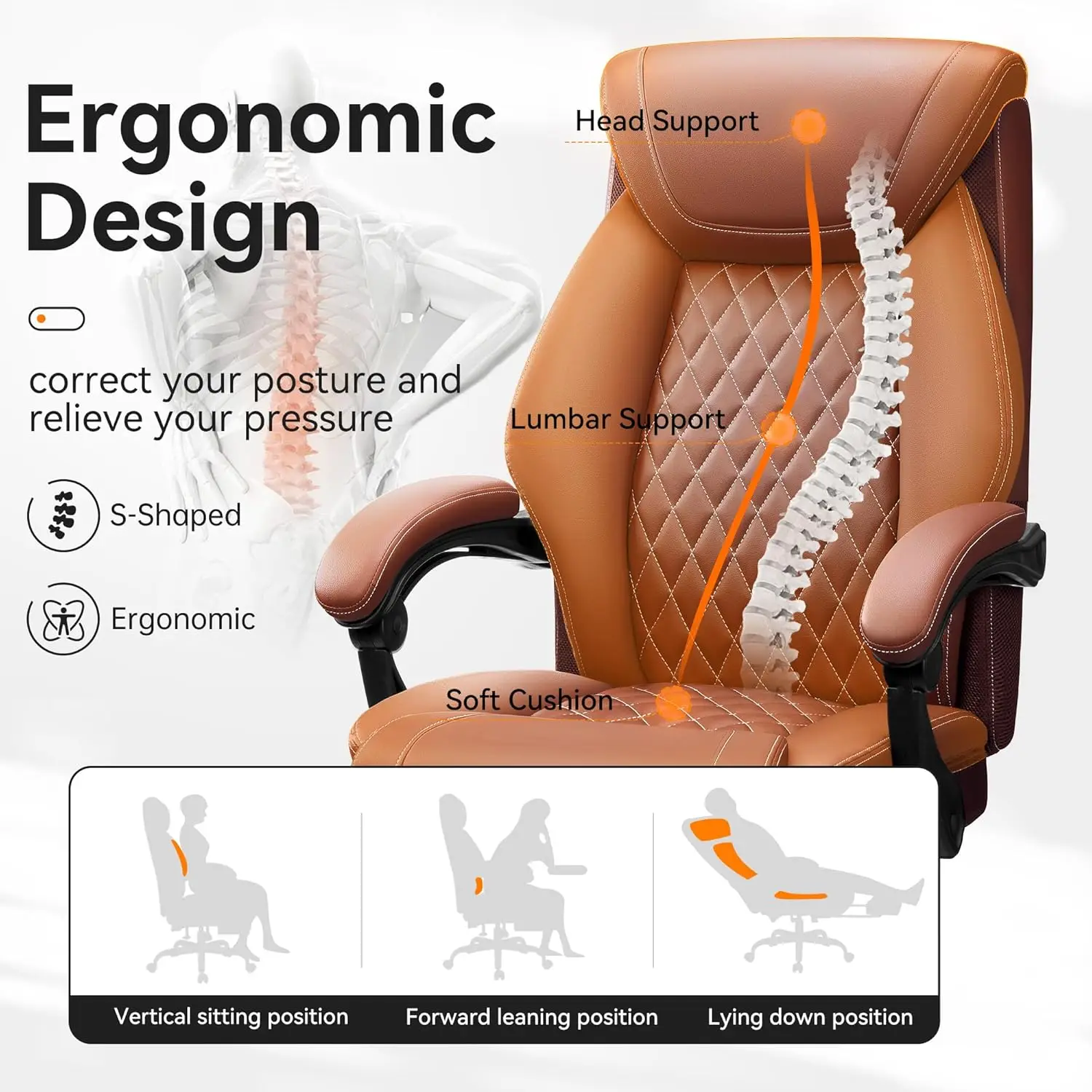 Executive Leather Chair Adjustable High Back, Ergonomic Computer Desk Chair Lumbar Support