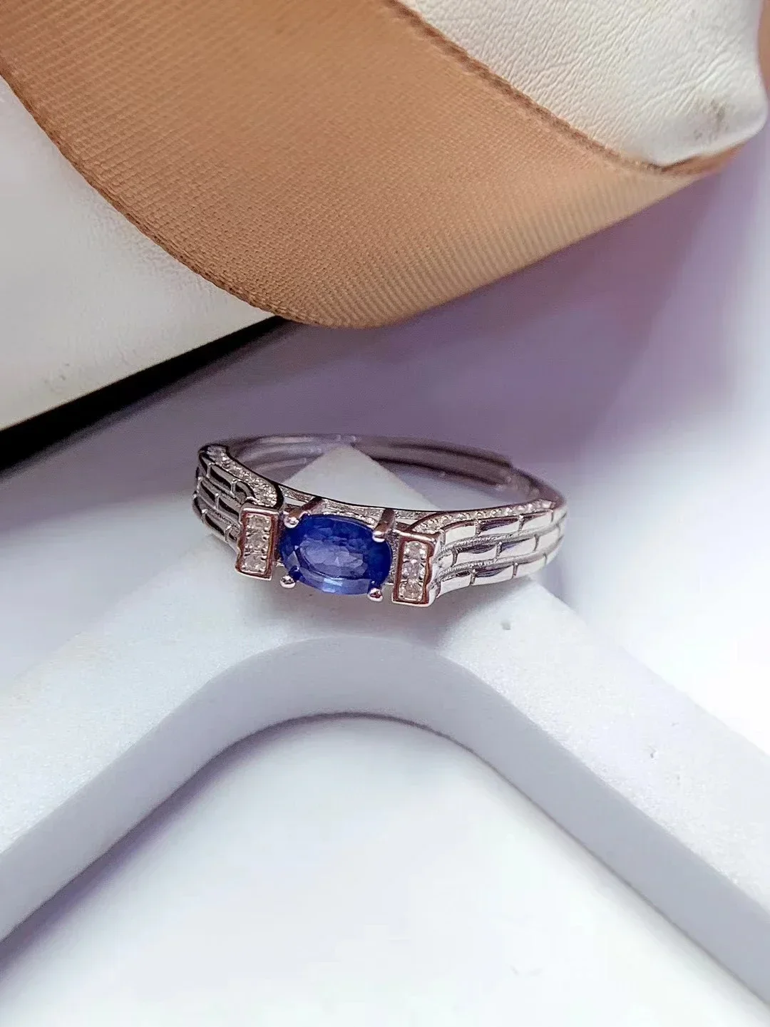 Royal Blue Sapphire Ring for Engagement 4*6mm 0.5ct Natural Sapphire 925 Silver Ring with 3 Layers 18K Gold Plating Keep Shining