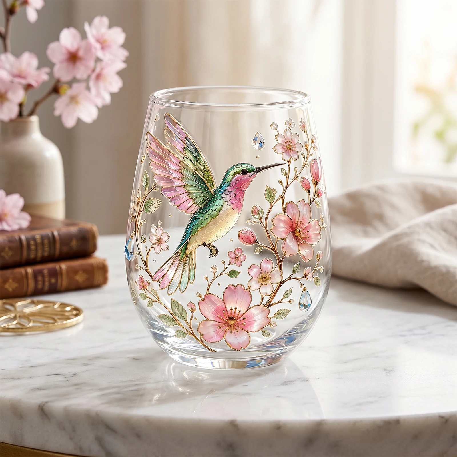 Stemless Wine Glasses Hand Painted Nature Art Decorative Tumbler Cups Holiday Decorative Glasses for Home Office Party Supplies