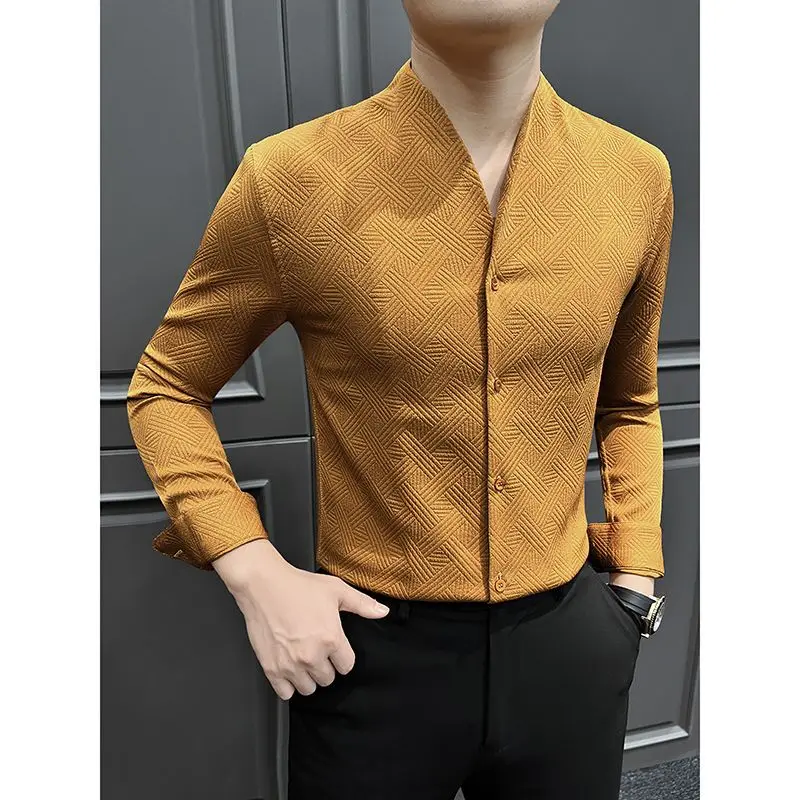 Men's Woven Plaid V-Neck Long Sleeve Shirt 2026 Autumn New Collection Stylish Collarless Casual Premium Top