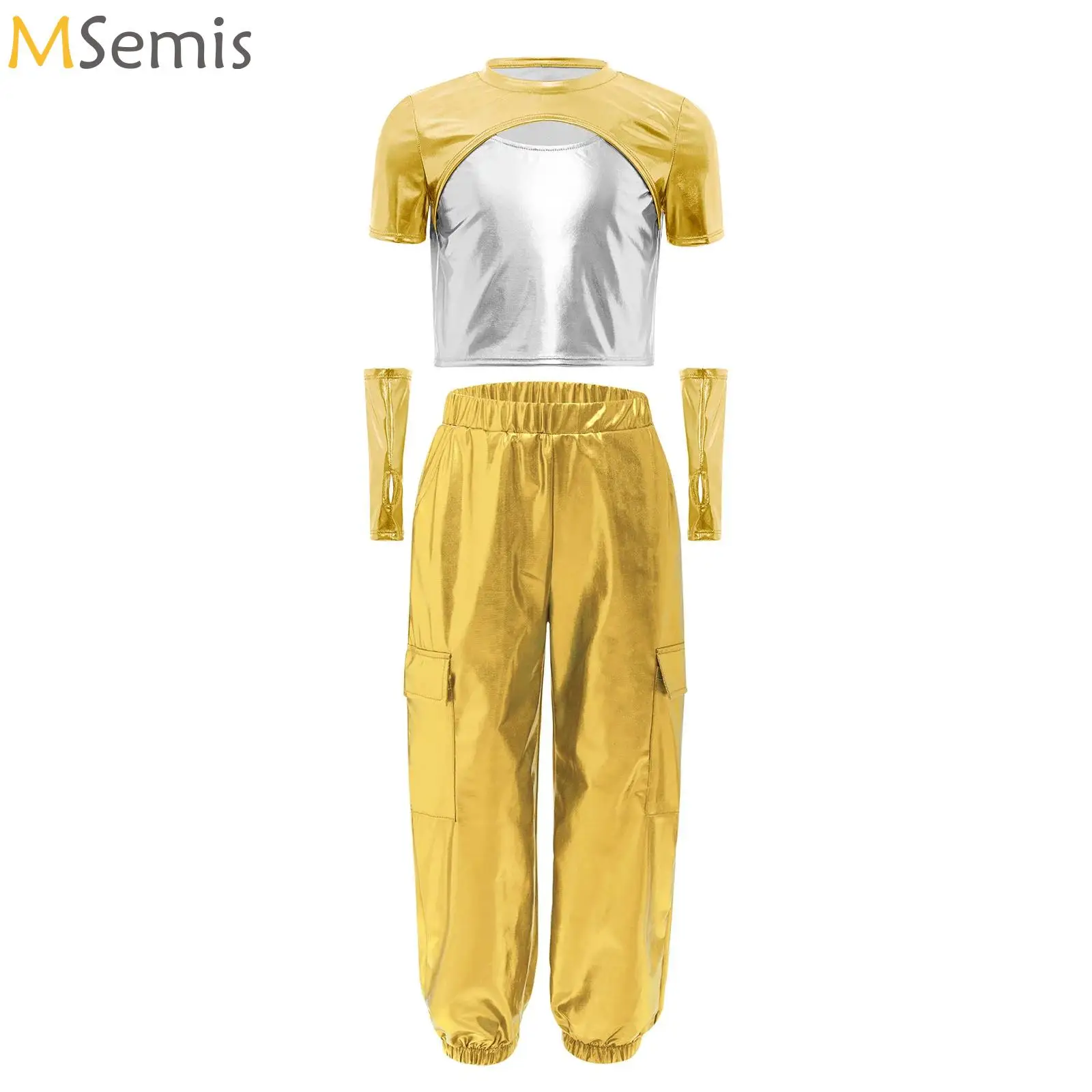 

Kids Girls Hip-Hop Jazz Dance Performance Outfit Metallic Top with Gloves and Shiny Cargo Pants Modern Dancewear Set Costume