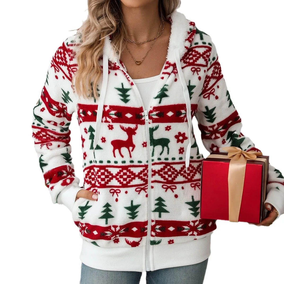 

2025 New Fashion Printed Hooded Cardigan Women In Winter Casual Loose Christmas Lace-up Pocket Jacket For Women