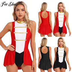 Womens Circus Ringmaster Halloween Cosplay Costume Sleeveless Back Cutout Skirted Bodysuit Jumpsuit