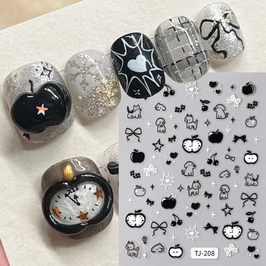 2 pezzi 5D in rilievo Graffiti Cane Gatto Adesivi per unghie Ciliegia Mela Decalcomanie adesive per unghie Tema frutta animale Decorazioni per unghie usa e getta