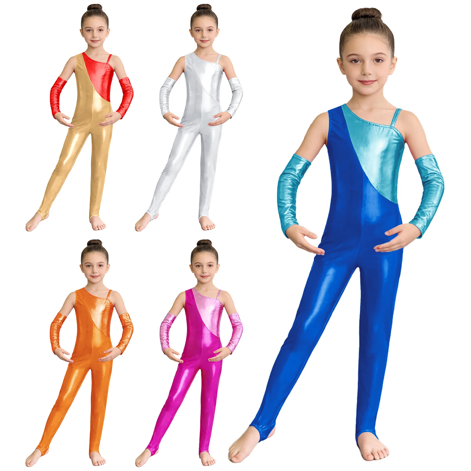 Girls Shiny Metallic Unitards Stirrups Dance Wear Gymnastics Leotards Dancewear Stage Performance Show Suit Halloween Costume