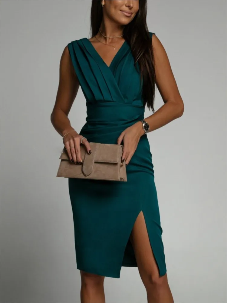 Zomer Elegante Vrouwen Sexy Casual Mouwloze Kantoor Mini Jurk Mode Effen Kleur V-hals Hoge Taille Strakke Zijsplit Jurken
