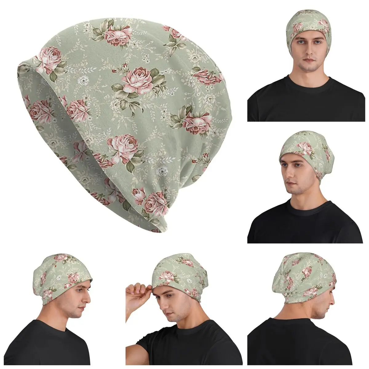

Vintage Blush Roses - Sage Green Background Warm Knitted Cap Hip Hop Bonnet Hat Autumn Winter Outdoor Beanies Hats Adult