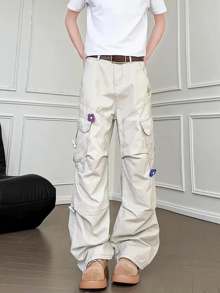 

Мужские рабочие брюки American Sle с вышивкой, с высокой талией, расклешенные, повседневные, прямого кроя, свободные, молодежные, весенние, хлопковые