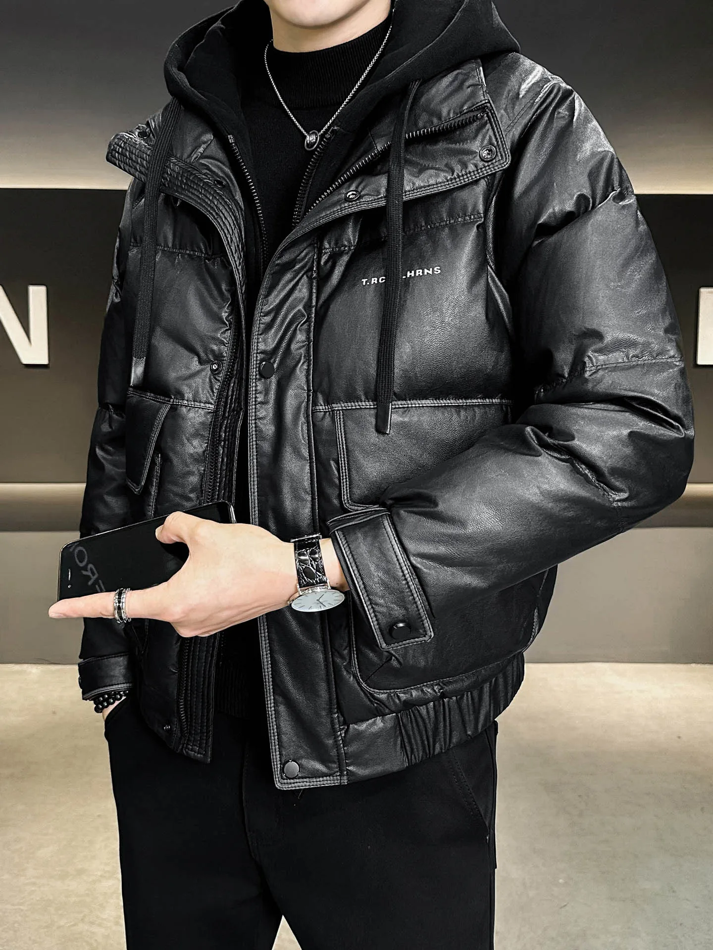 

Men's Leather down Jaet Winter Thi Warm ort Sle Faionable Brand Versatile Ci Casual Polyester Fiber White Du do...