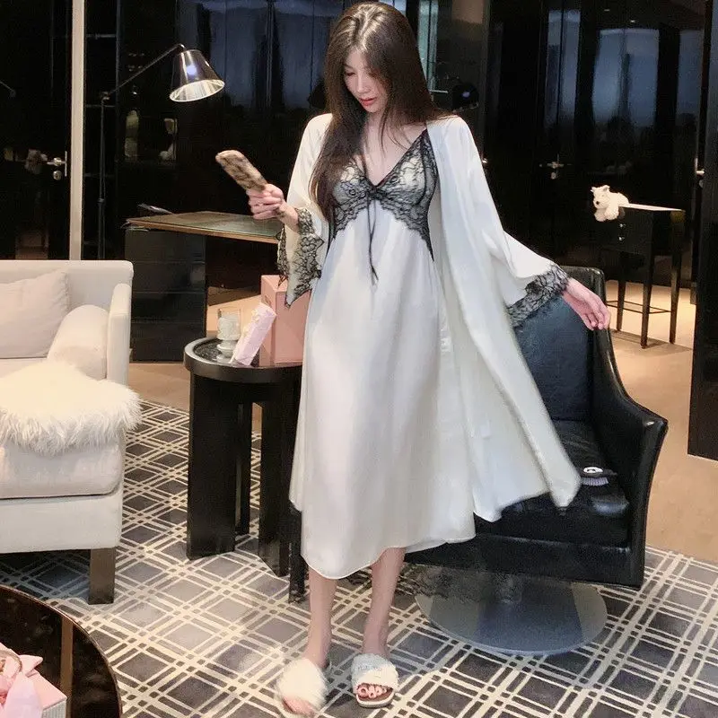 エレガントな長袖レースナイトガウン女性の寝間着夏シーズンアイスシルクストラップ-v-ネックガウンカジュアルホームウェアピュアカラー