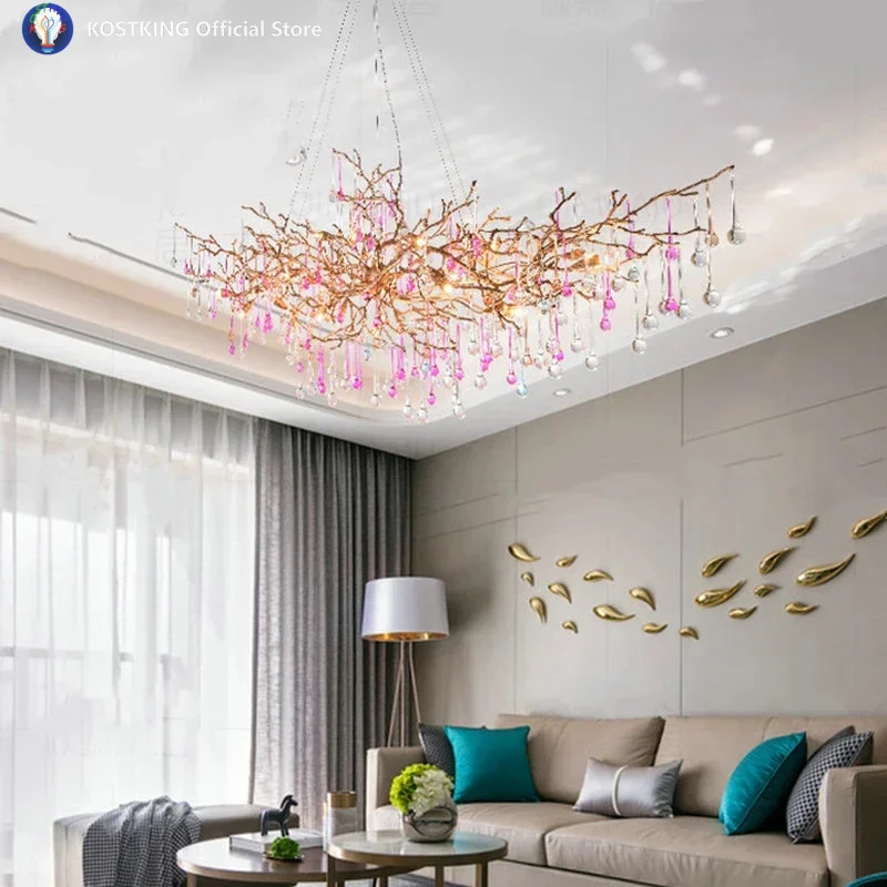 High-end LED Branch Crystal Copper Chandelier Water Drops Luxury Ceiling Chandelier Lighting Decor Tree Luxury Pendant LAMP