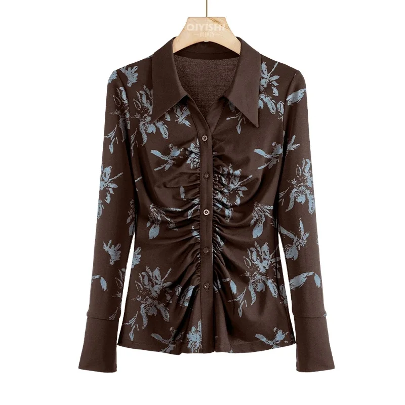 

2026 Spring Summer Autumn New Coffee Printed Shirt Women Shirts Blouse Fashion Pleated Design Slim Top Bottoming Shirt Female