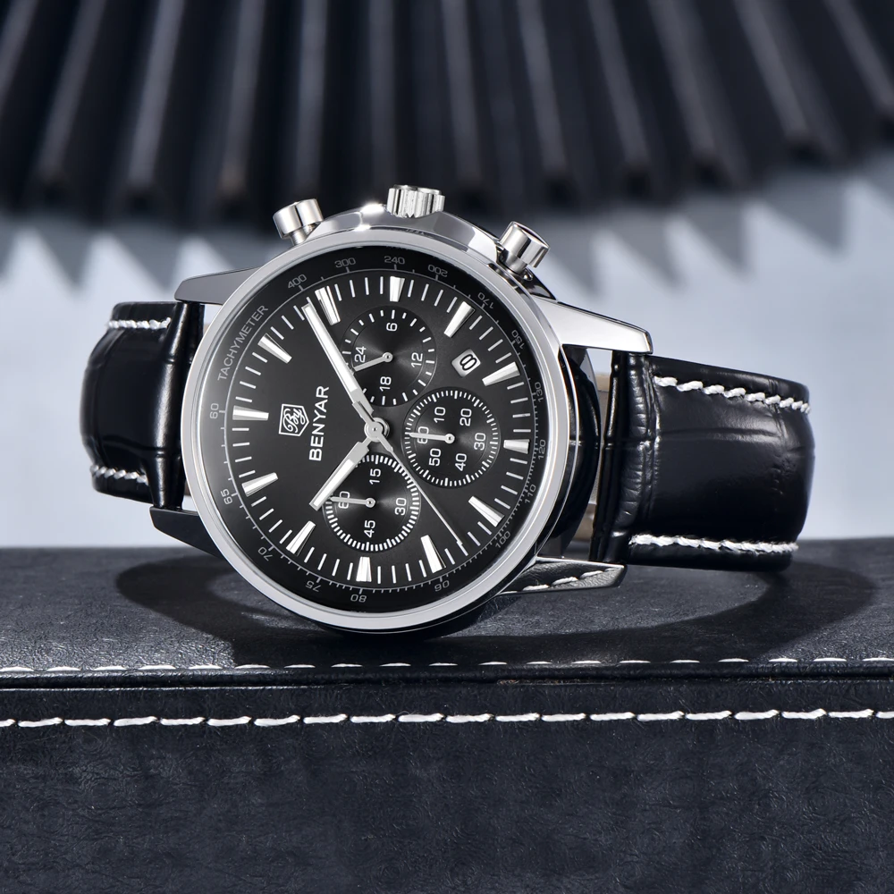 2025 Nuovi orologi da uomo BENYAR Orologi da polso al quarzo di lusso superiore Orologio cronografo sportivo per regali uomo Pelle luminosa impermeabile