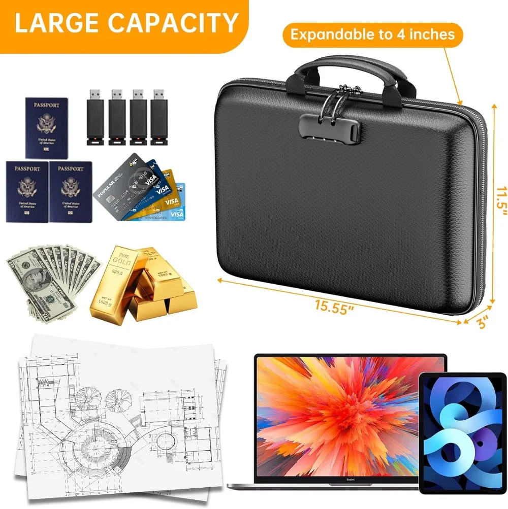 منظم مستندات مقاوم للحريق مع قفل، صندوق تخزين مقاوم للماء لملفاتهم والكمبيوتر المحمول باللون الأسود