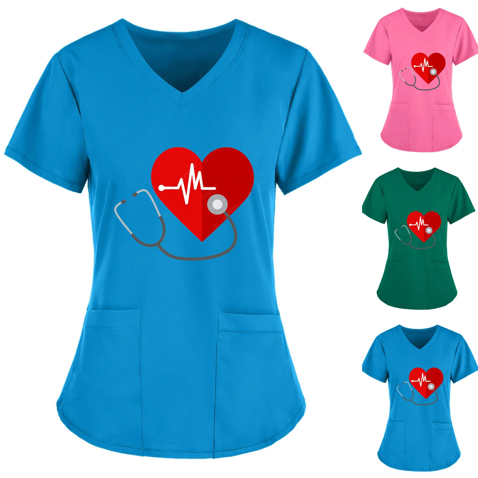 Uniformes médicos con estampado de latido de corazón para mujer, Túnica de manga corta con bolsillos, ropa de trabajo de enfermería para Hospital, uniforme de enfermera