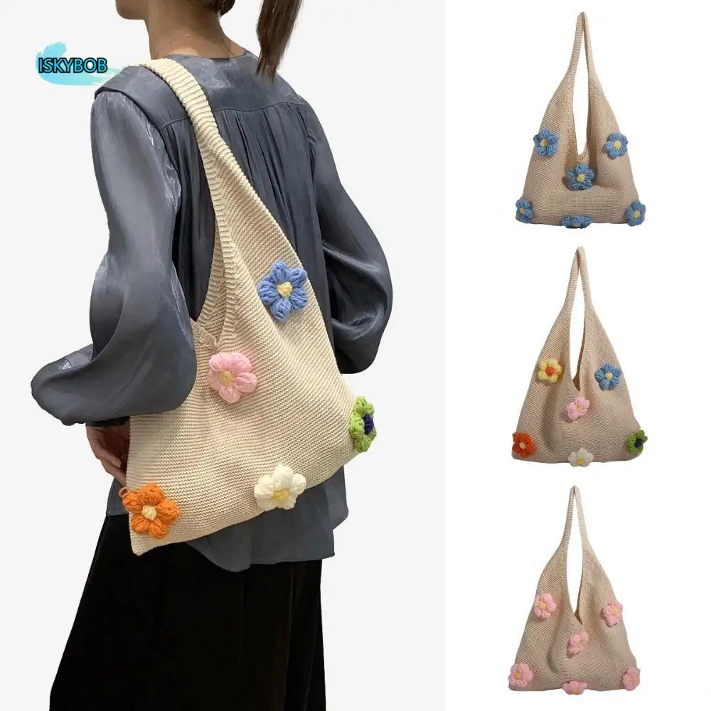 

Trendy Knitted Crochet Handbag Hollow Out Flower Woven Tote Bag Lightweight Breathable Shopping Shoulder Bag School
