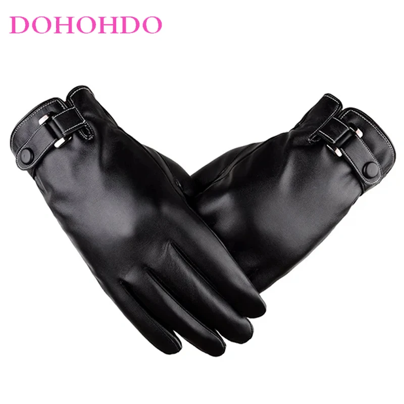 

Black Gloves Men Winter Warm White Line Design Touch Screen Windproof Autumn Winter PU Driving Motorcycle Leather Gloves Guantes