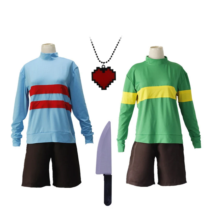 Game Under Legend Frisk Cosplay Costume Adult Top Shorts Necklace Prop Knife Frisk Role Play Suit Halloween Carnival Party