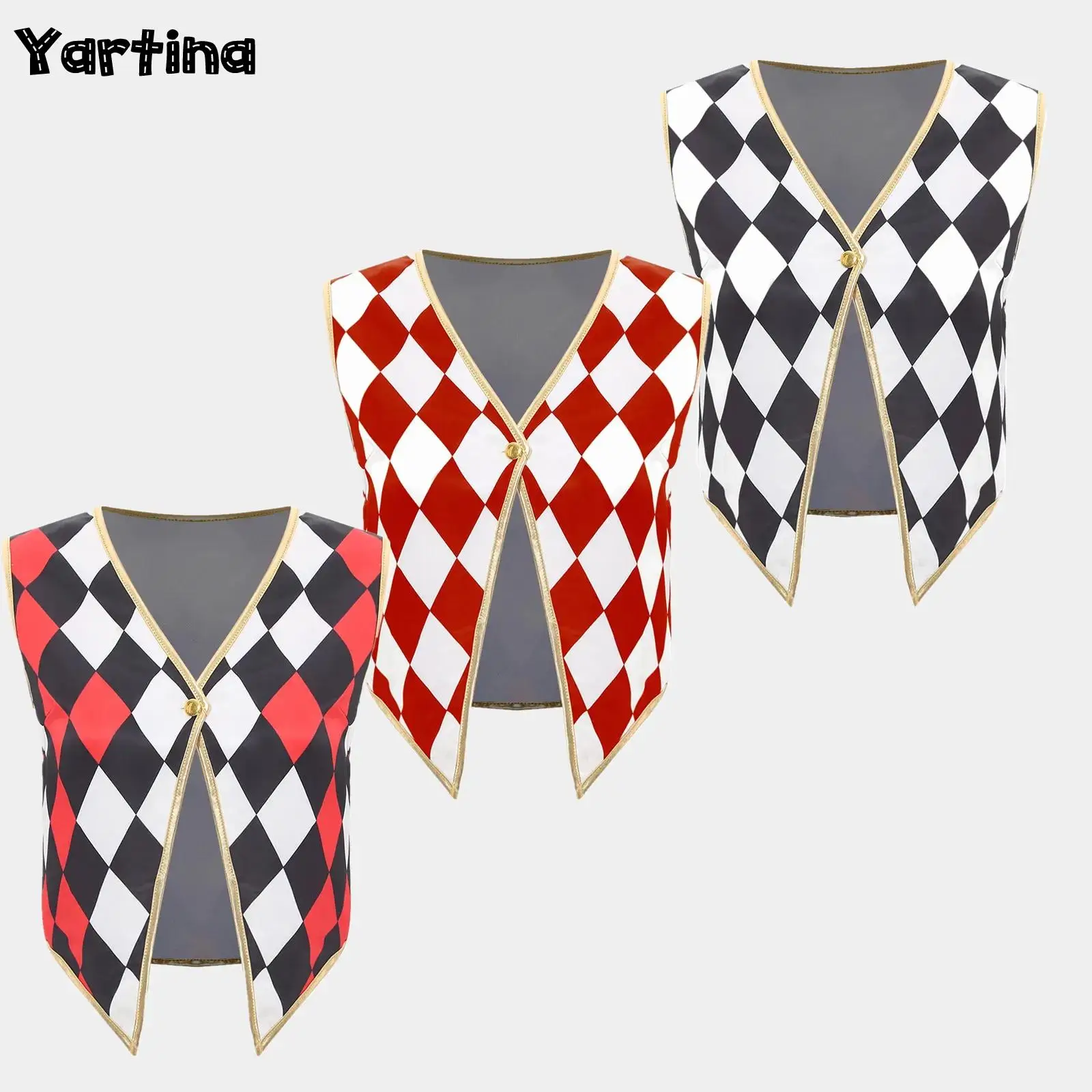 

Womens Circus Ringmaster Dress Up Waistcoat Cosplay Performance Costume V Neck Button Down Golden Trimming Irregular Hem Vest