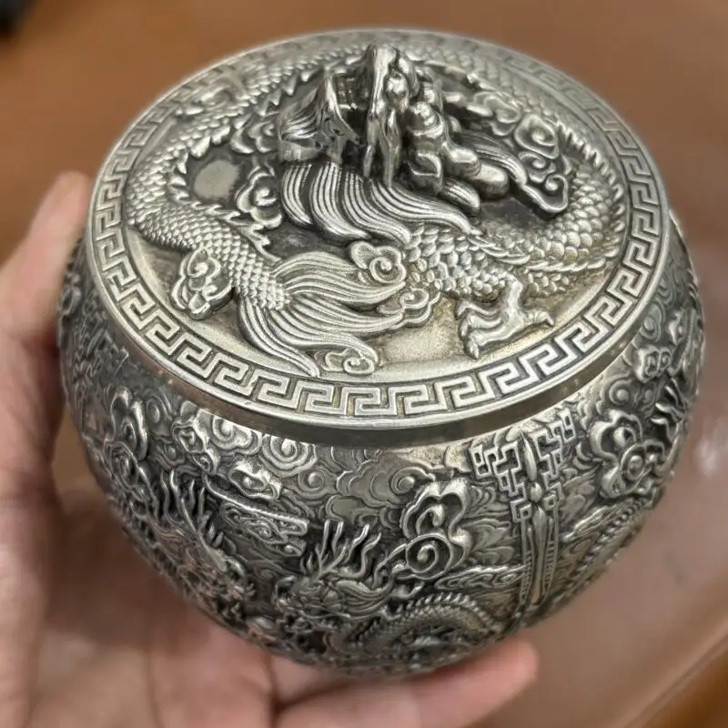 

Китайская коллекционная антикварная винтажная бронзовая банка для чая с рельефом дракона и феникса, изысканное ремесленное изделие, декор для рабочего стола