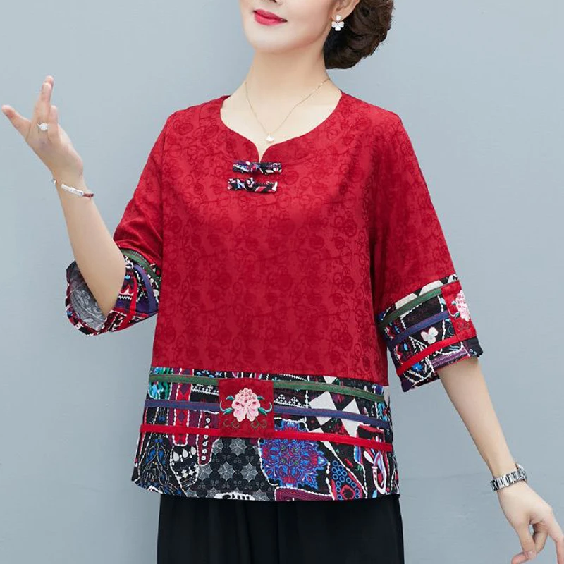 New Women Vintage Chinese Ethnic Style Embroidery Blouses Fashion Elegant Print Cotton Linen Shirts Ladies 3/4 Sleeve Loose Tops