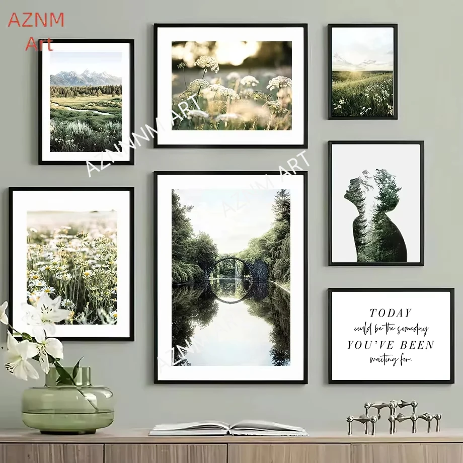 Lake Bridge Mountain Forest Grass Boat Wall Art Canvas Painting Nordic Posters And Prints Wall Pictures For Living Room Decor