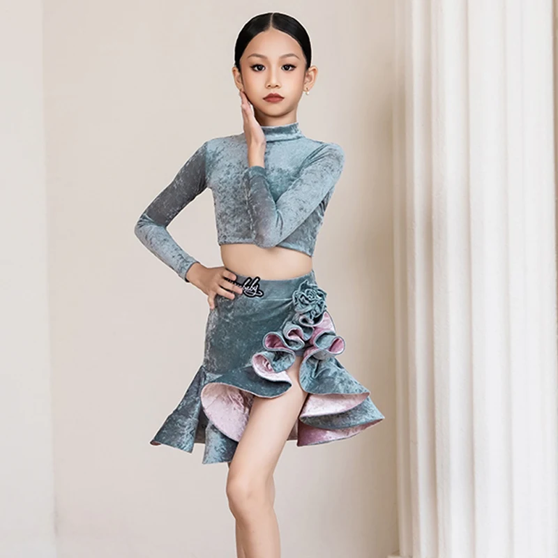 Kinderen Latin Dance Professionele Jurken Meisjes Fluwelen Chacha Latin Dans Kostuum Kids Prestaties Dansen Kleding DW10413