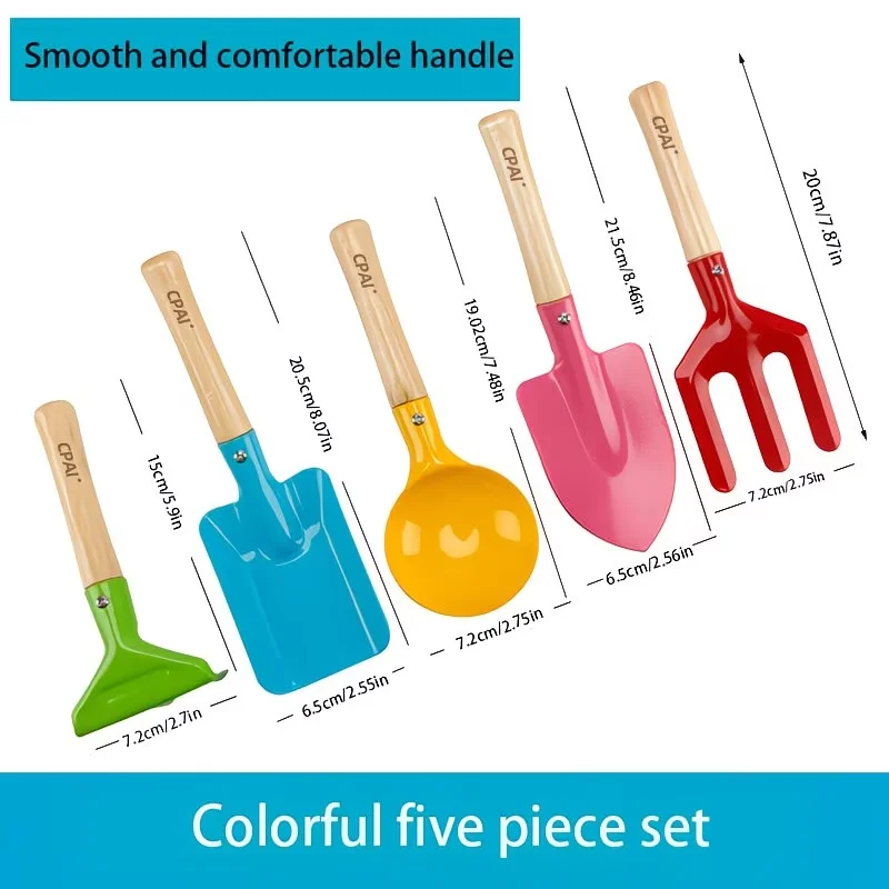 5-Piece Mini Garden Tool Set Wooden Handle Metal Shovel Rake Fork Spoon Trowel Durable Gardening Sand Play Kit Wholesale