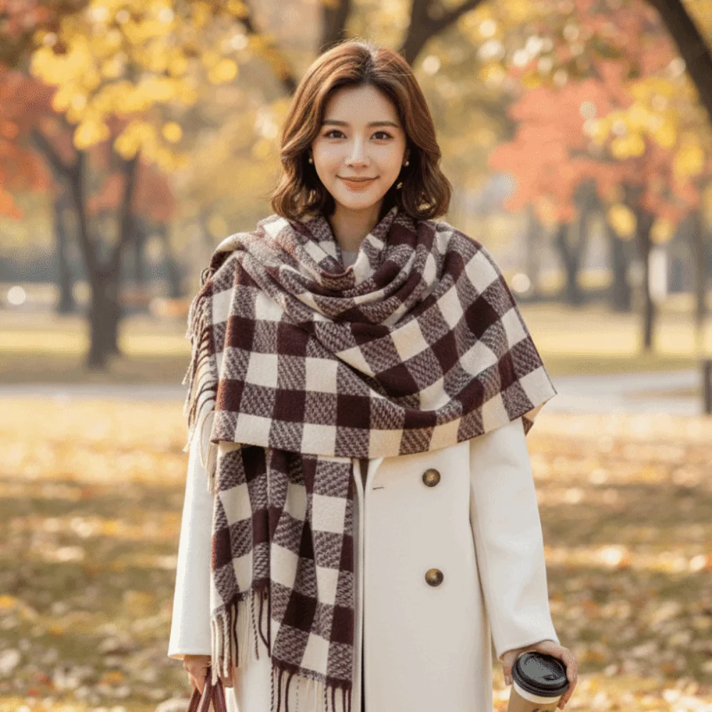 

Повседневный клетчатый шерстяной шарф с кисточками в корейском стиле, утепленные зимние кашемировые шарфы, холодостойкие длинные женские кашемировые шаль, женская