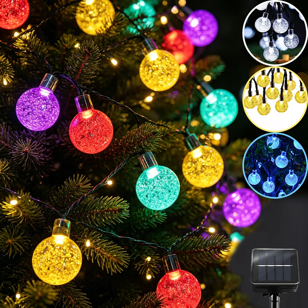 Solar String Lights Outdoor, LED Crystal Balls Light Solar Globe String Lights Waterproof 8 Mode Solar LED Fairy Light Strings