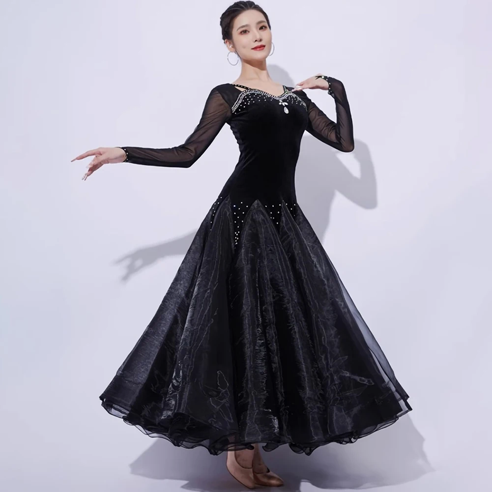 Novo estilo vestido valsa padrão vestido de baile manga longa vestido de dança feminino vinho vermelho preto desempenho