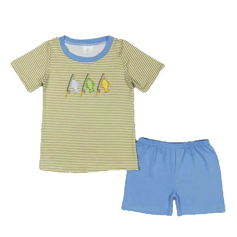 

Baby Boys Stripes Fishing Sibling Embroidery Summer Rompers Clothes Sets