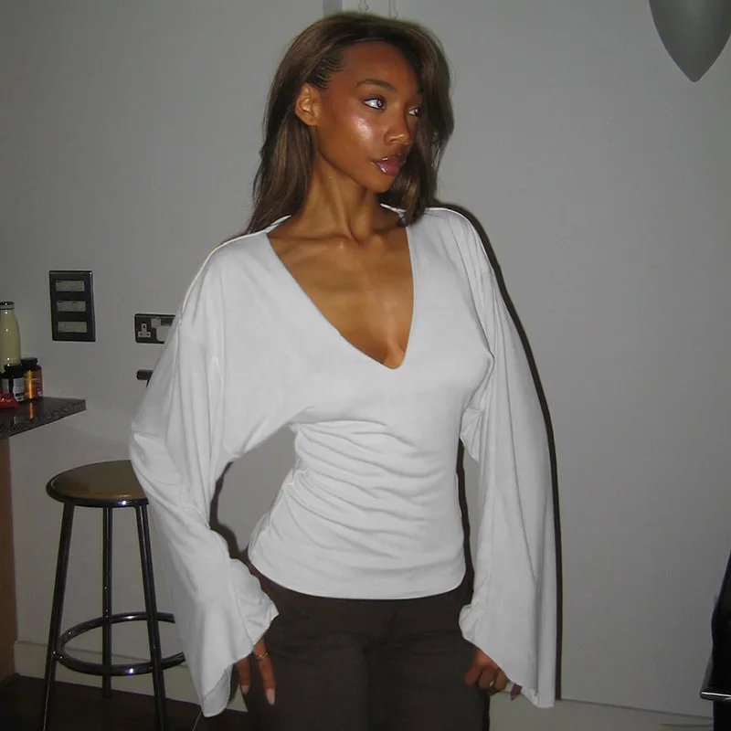 Long Sve V-ne Flared T-irt Women's Pure Color High Waist Five-quarter Pants Polyester Spring 2025 Faion Ladies' Wear