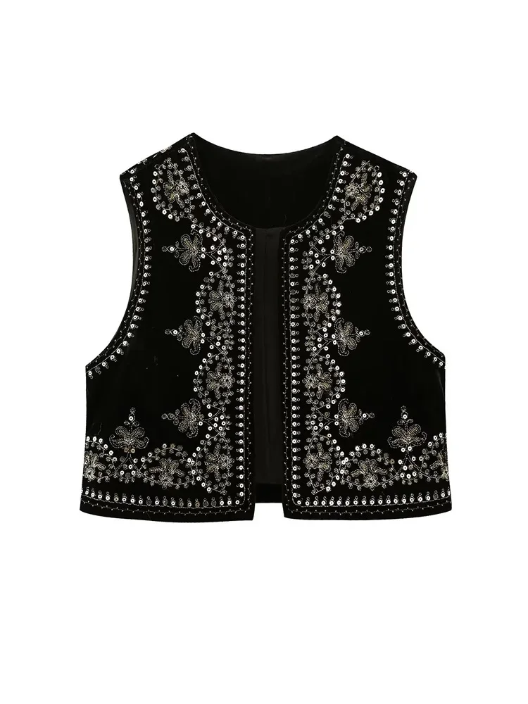 Women Vintage O Neck Sequins Flower Embroidery Short Vest Jacket Za Ladies Sleeveless Casual WaistCoat Tops