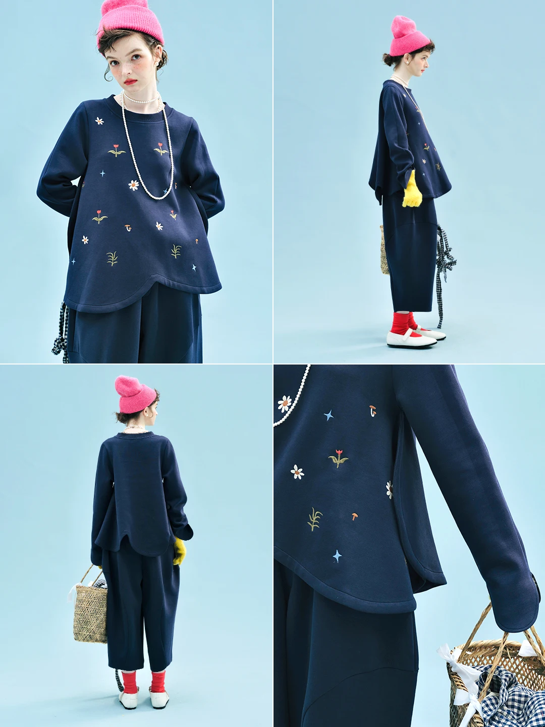 Floral Embroidered Navy Blue Sweatshirt - Casual Daily & Sweet Style Unique & Charming