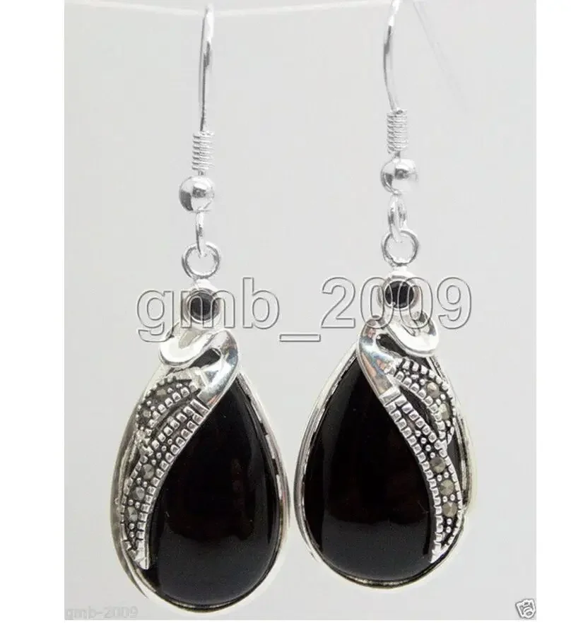 

Fashion jewelry 925 Sterling Silver Natural Black Agate Gems Marcasite Dangle Hook Drop Earrings -Bride jewelry
