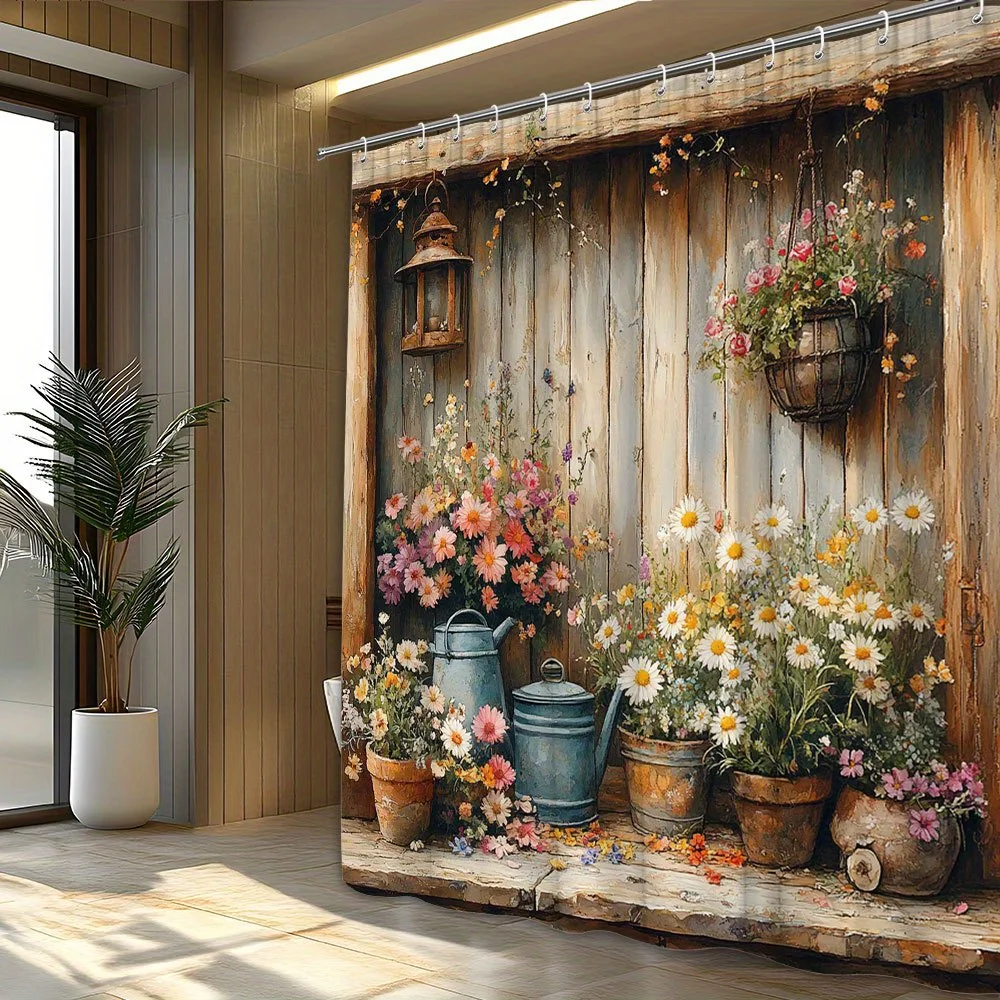Rustic Wooden Shelf Shower Curtain, Potted Flowers & Vintage Teapot, Blue Blooms, Polyester,Machine Washable, 12 Hooks