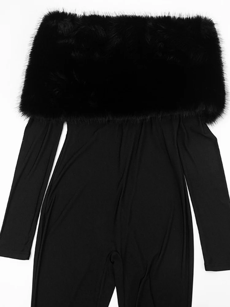 بدلة قفز شتوية من Kricesseen مكشوفة الأكتاف من الفرو الصناعي للنساء بأكمام طويلة وخصر عالٍ بدلة قطعة واحدة للحفلات الليلية