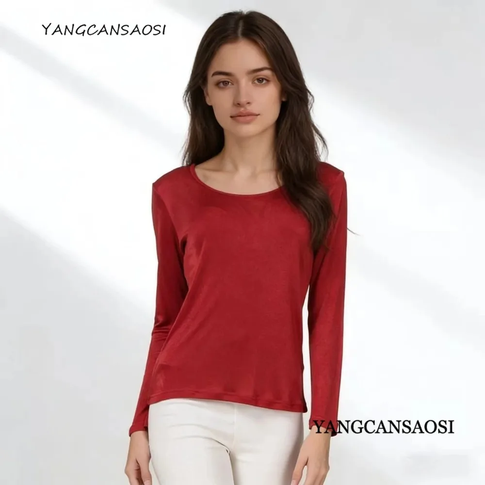 

Women's Casual Autumn Clothing 23% Natural Mulberry Silk Round Neck Long Sleeve Solid Color Double Sided Knitted Bottom Shirt