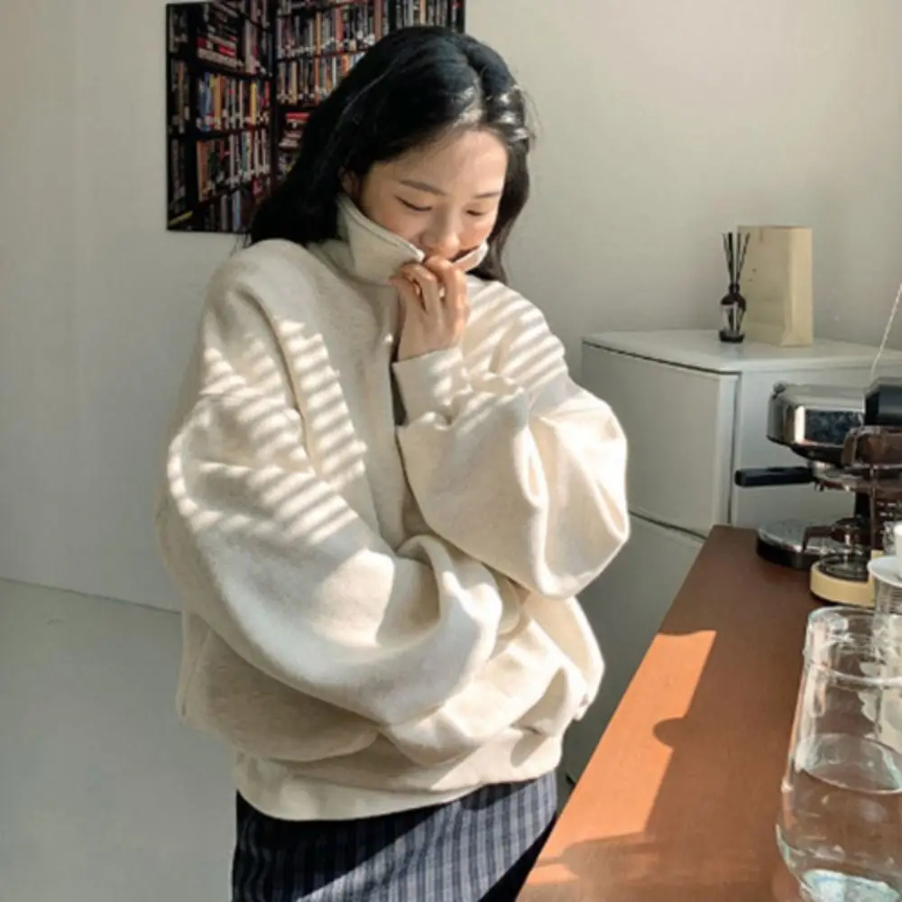 เสื้อฮู้ดแขนยาวคอเต่าครึ่งตัวทรงหลวมสไตล์เกาหลีสำหรับฤดูใบไม้ร่วง มีซิป เหมาะสำหรับผู้หญิงเดินทาง
