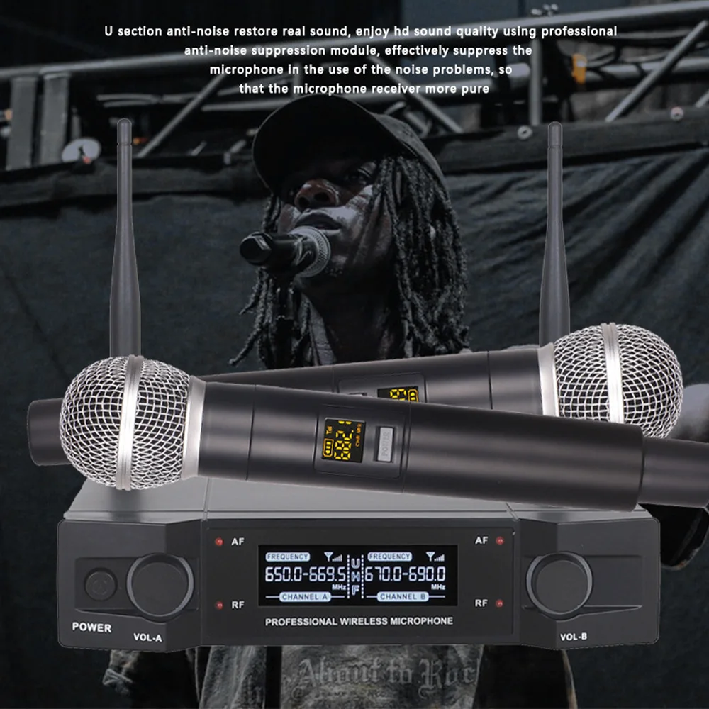 ميكروفون لاسلكي معدني مزدوج Uhf ميكروفون ديناميكي لاسلكي، نظام ميكروفون محمول للكنيسة، دي جي، الزفاف، المنزل Ktv #5