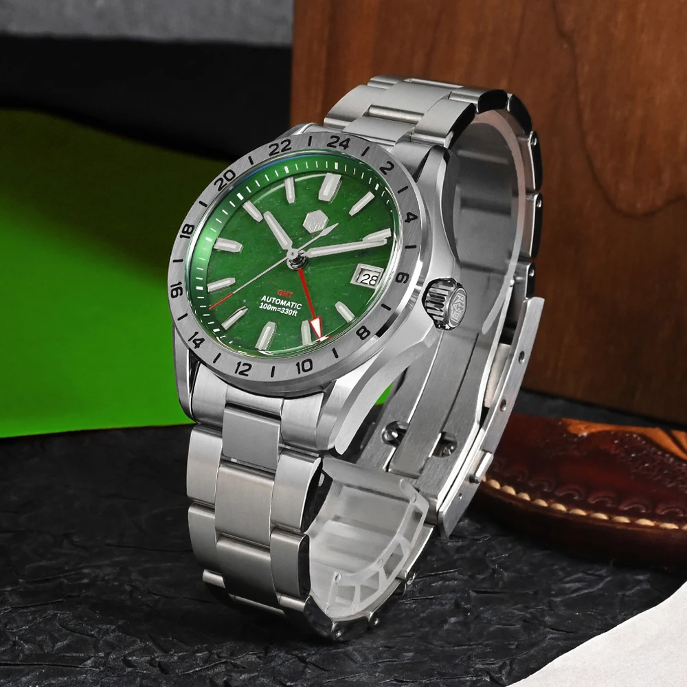 San Martin 39Mm Jam Tangan Pria Batu Giok Hijau Batu Akik Merah Batu Permata Mineral Langka NH34 GMT Jam Tangan Mekanis Otomatis Safir SN0129