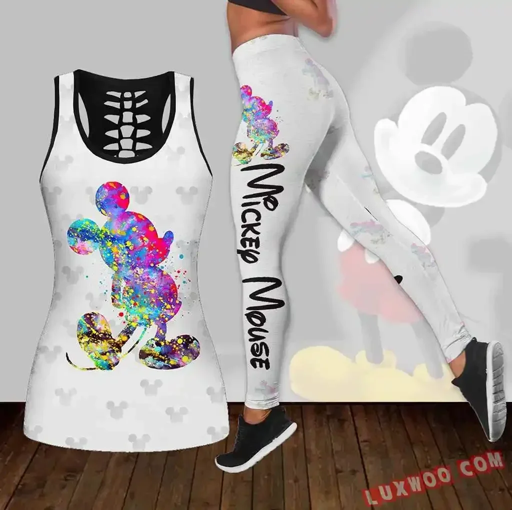 New Mickey Mouse Hollow Tanktop Leggings Yoga Set Summer Fitness Leggings Tracksuit Disney Cutout Tank Top Leggings Set