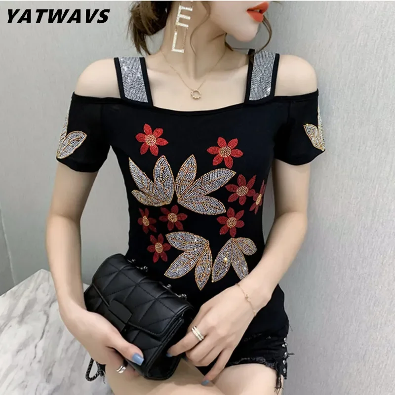 

M-3xl new summer fashion European women clothes T-shirt sexy off shoulder shiny rhinestones mesh women tops all match blusas tee