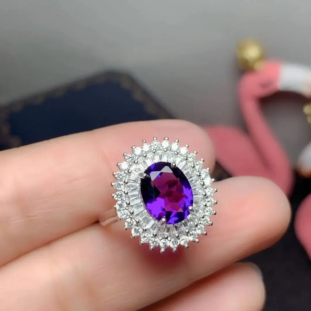 Natural Amethyst 925 Silver Amethyst 3ct 8mm*10mm VVS Grade Amethyst Ring for Amethyst Silver Ring with 3 Layers 18KGold Plating