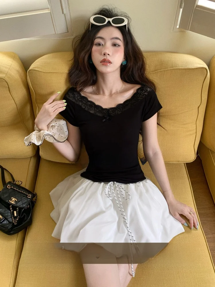 

Женский облегающий топ на одно плечо с кружевными вставками, корейская версия, вязаный, летний, тонкий, для повседневной носки